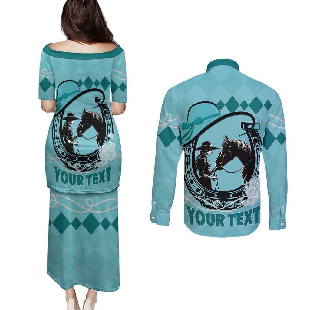 Personalized Kentucky Horse Racing Couples Matching Puletasi and Long Sleeve Button Shirt Beauty and The Horse Teal Version LT01