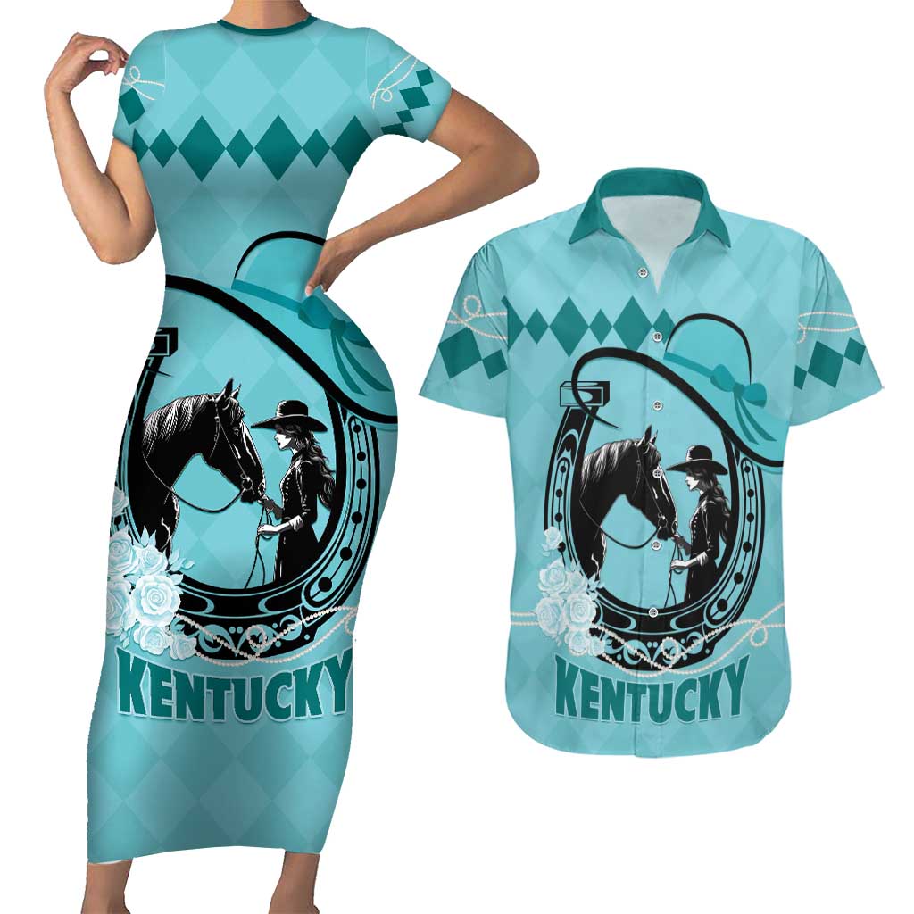 Personalized Kentucky Horse Racing Couples Matching Short Sleeve Bodycon Dress and Hawaiian Shirt Beauty and The Horse Teal Version LT01
