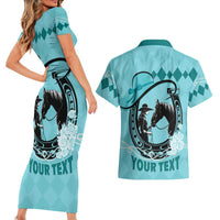 Personalized Kentucky Horse Racing Couples Matching Short Sleeve Bodycon Dress and Hawaiian Shirt Beauty and The Horse Teal Version LT01