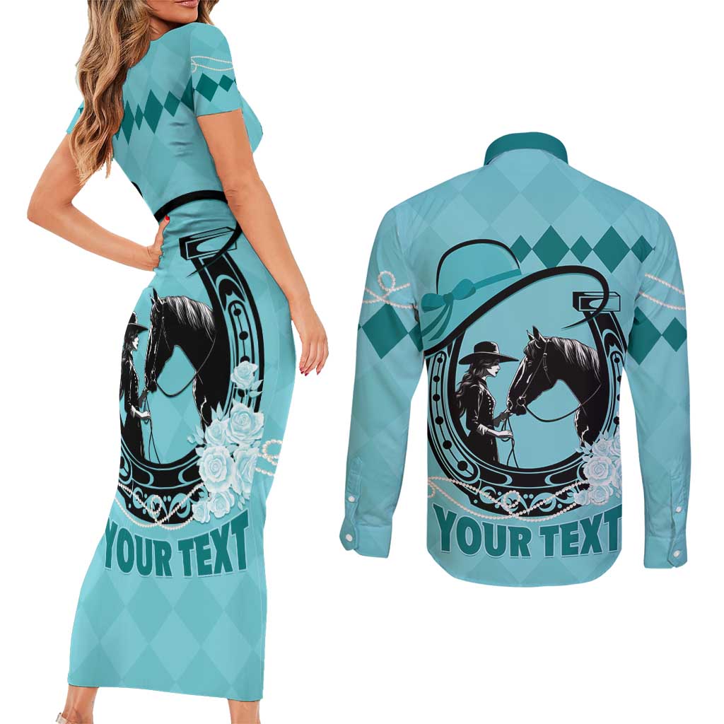 Personalized Kentucky Horse Racing Couples Matching Short Sleeve Bodycon Dress and Long Sleeve Button Shirt Beauty and The Horse Teal Version LT01