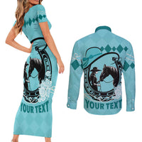 Personalized Kentucky Horse Racing Couples Matching Short Sleeve Bodycon Dress and Long Sleeve Button Shirt Beauty and The Horse Teal Version LT01