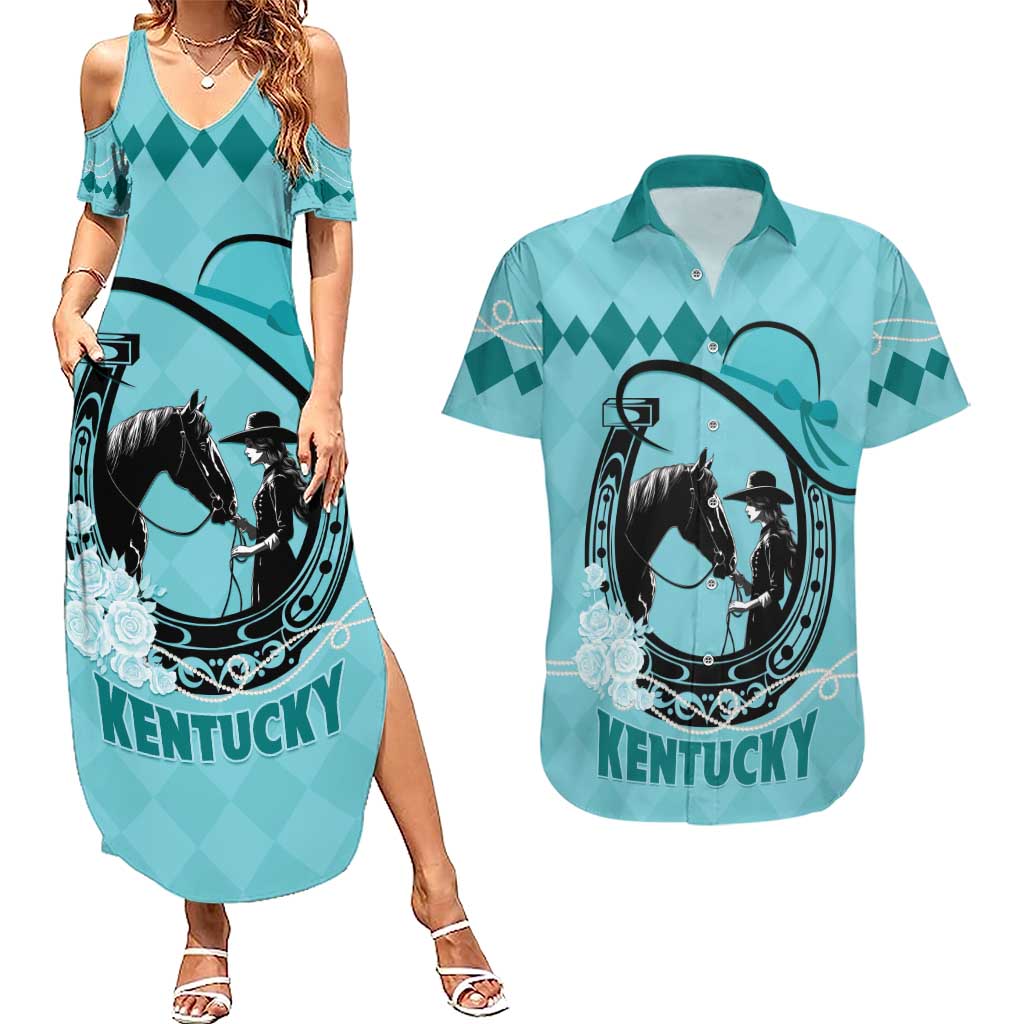 Personalized Kentucky Horse Racing Couples Matching Summer Maxi Dress and Hawaiian Shirt Beauty and The Horse Teal Version LT01