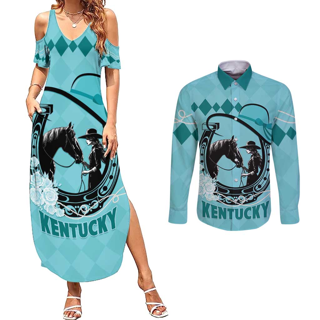 Personalized Kentucky Horse Racing Couples Matching Summer Maxi Dress and Long Sleeve Button Shirt Beauty and The Horse Teal Version LT01