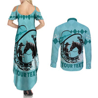 Personalized Kentucky Horse Racing Couples Matching Summer Maxi Dress and Long Sleeve Button Shirt Beauty and The Horse Teal Version LT01