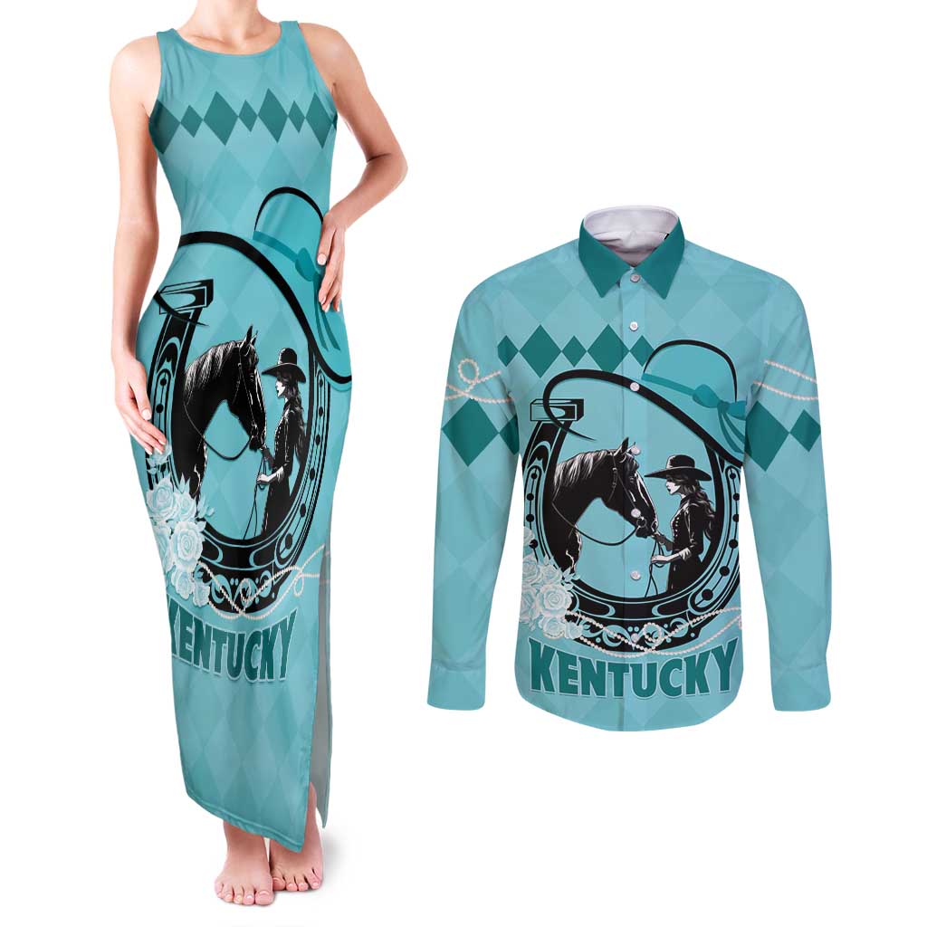 Personalized Kentucky Horse Racing Couples Matching Tank Maxi Dress and Long Sleeve Button Shirt Beauty and The Horse Teal Version LT01