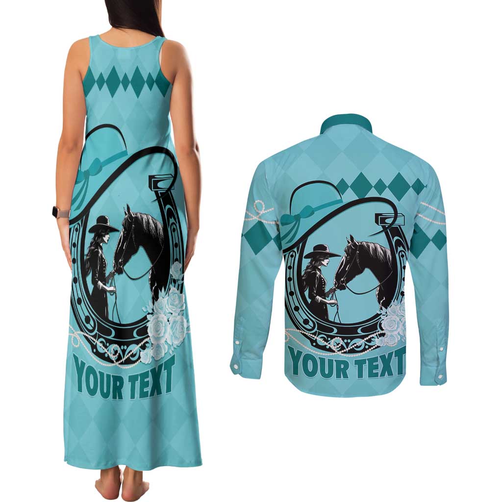 Personalized Kentucky Horse Racing Couples Matching Tank Maxi Dress and Long Sleeve Button Shirt Beauty and The Horse Teal Version LT01