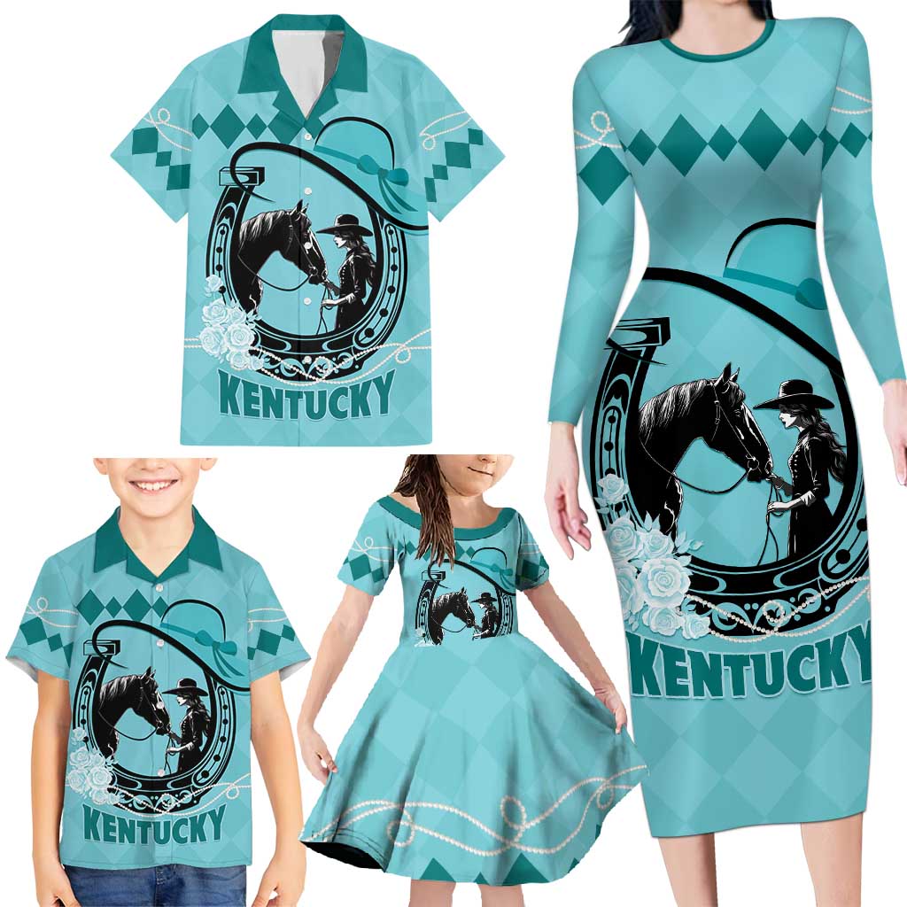Personalized Kentucky Horse Racing Family Matching Long Sleeve Bodycon Dress and Hawaiian Shirt Beauty and The Horse Teal Version LT01