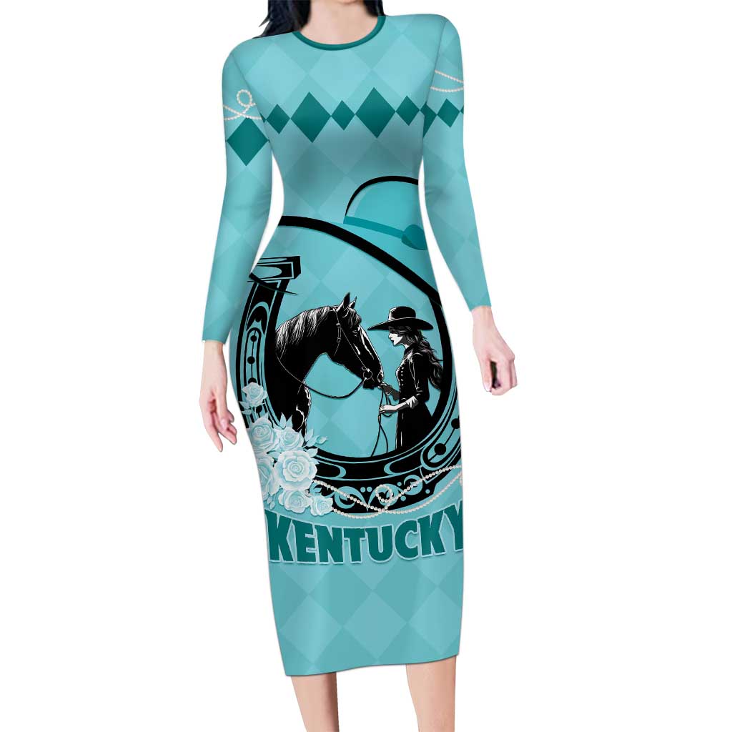 Personalized Kentucky Horse Racing Family Matching Long Sleeve Bodycon Dress and Hawaiian Shirt Beauty and The Horse Teal Version LT01