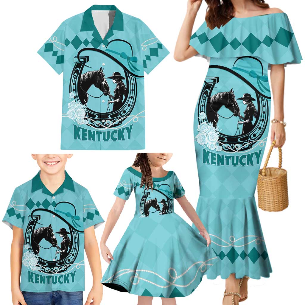 Personalized Kentucky Horse Racing Family Matching Mermaid Dress and Hawaiian Shirt Beauty and The Horse Teal Version LT01