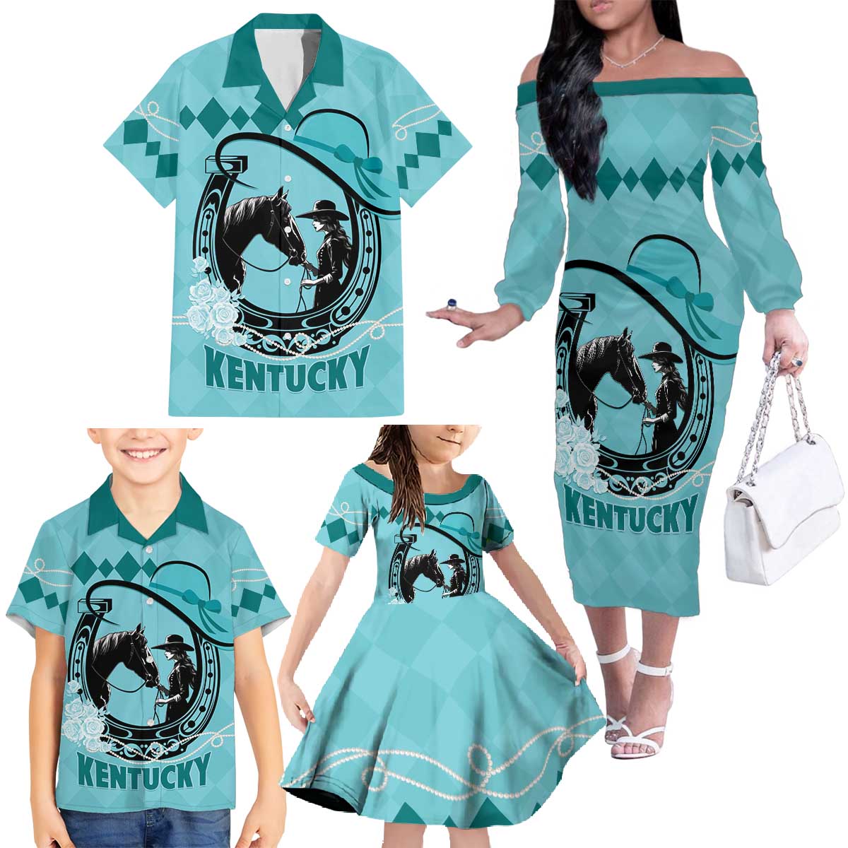 Personalized Kentucky Horse Racing Family Matching Off The Shoulder Long Sleeve Dress and Hawaiian Shirt Beauty and The Horse Teal Version LT01