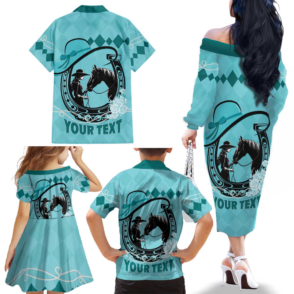 Personalized Kentucky Horse Racing Family Matching Off The Shoulder Long Sleeve Dress and Hawaiian Shirt Beauty and The Horse Teal Version LT01