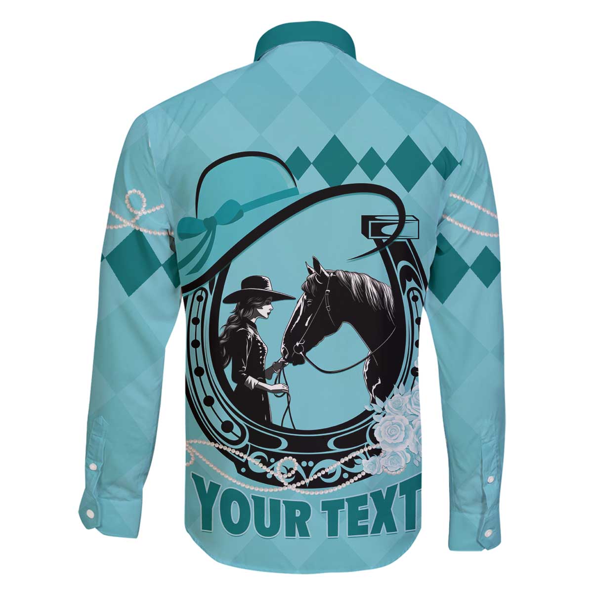 Personalized Kentucky Horse Racing Family Matching Off The Shoulder Long Sleeve Dress and Hawaiian Shirt Beauty and The Horse Teal Version LT01