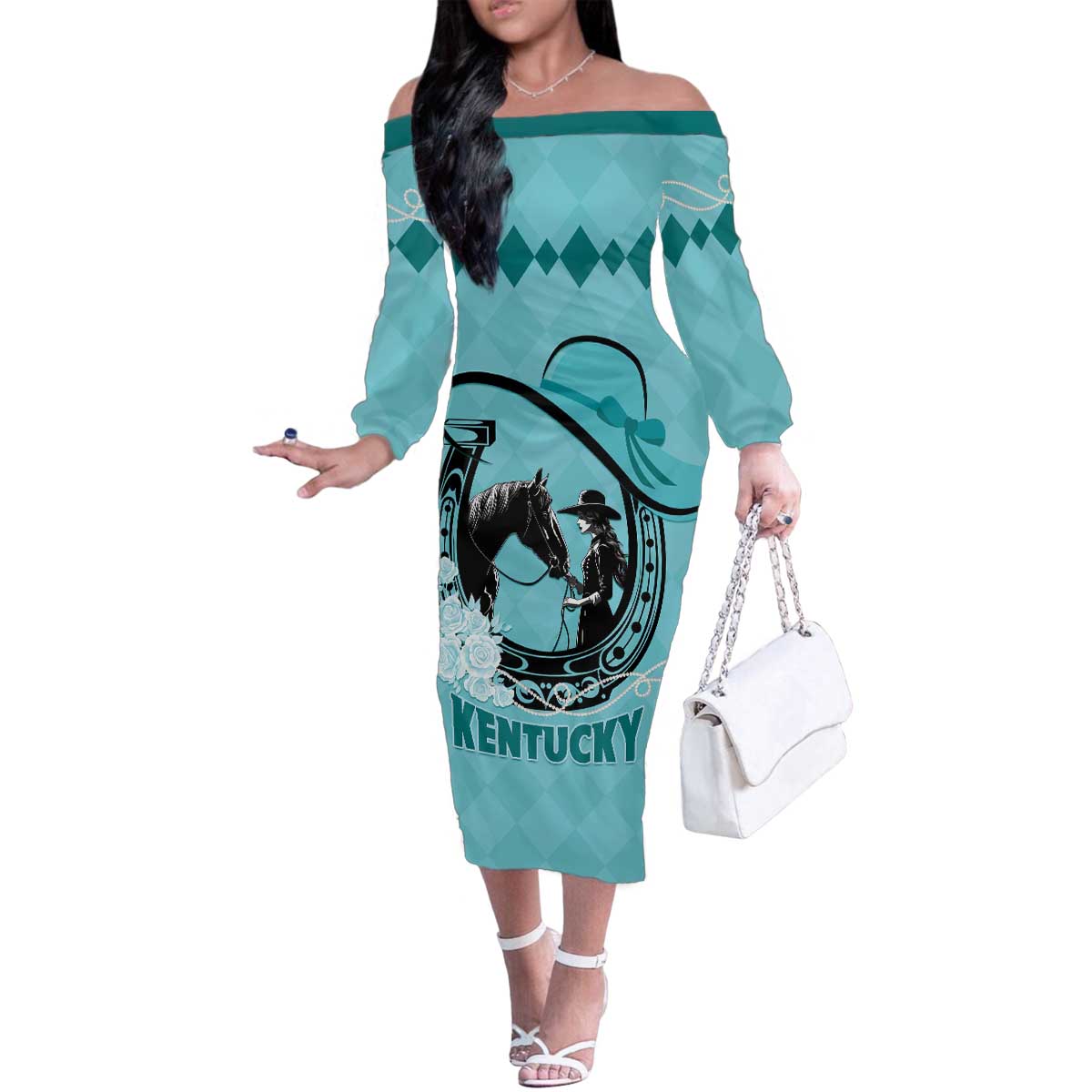 Personalized Kentucky Horse Racing Family Matching Off The Shoulder Long Sleeve Dress and Hawaiian Shirt Beauty and The Horse Teal Version LT01