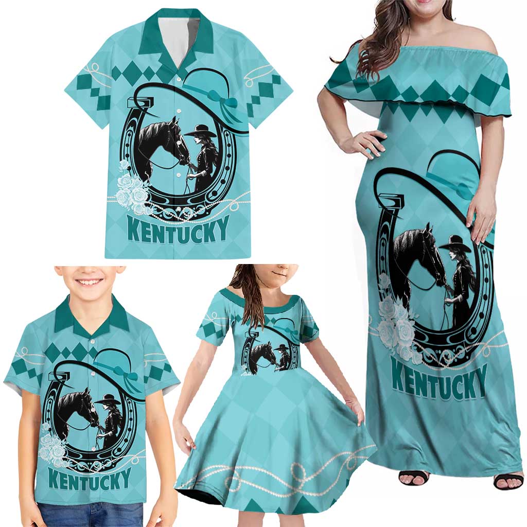 Personalized Kentucky Horse Racing Family Matching Off Shoulder Maxi Dress and Hawaiian Shirt Beauty and The Horse Teal Version LT01