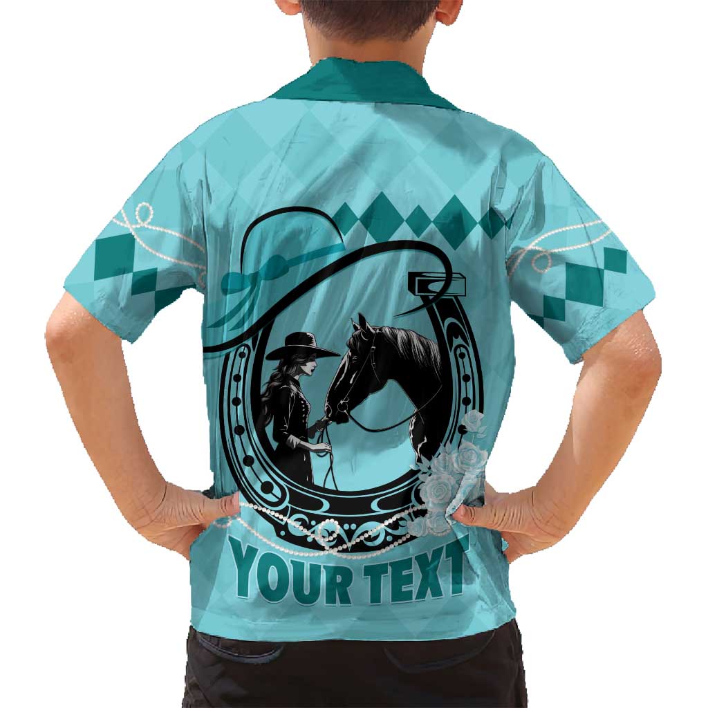 Personalized Kentucky Horse Racing Family Matching Off Shoulder Short Dress and Hawaiian Shirt Beauty and The Horse Teal Version LT01
