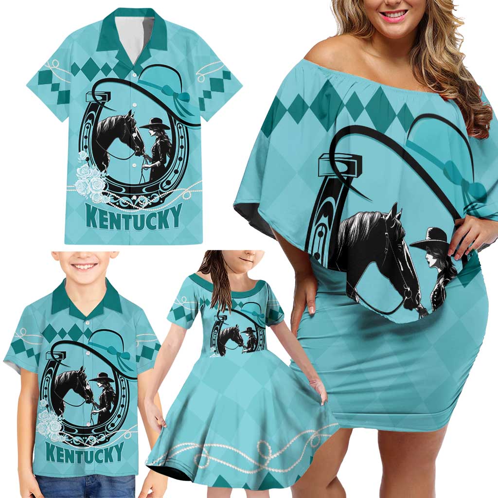 Personalized Kentucky Horse Racing Family Matching Off Shoulder Short Dress and Hawaiian Shirt Beauty and The Horse Teal Version LT01