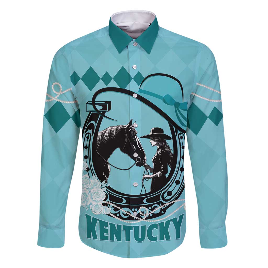 Personalized Kentucky Horse Racing Family Matching Off Shoulder Short Dress and Hawaiian Shirt Beauty and The Horse Teal Version LT01