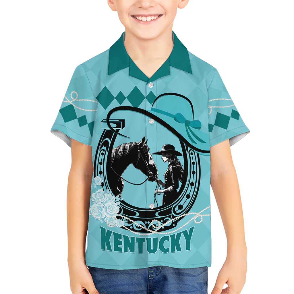 Personalized Kentucky Horse Racing Family Matching Off Shoulder Short Dress and Hawaiian Shirt Beauty and The Horse Teal Version LT01