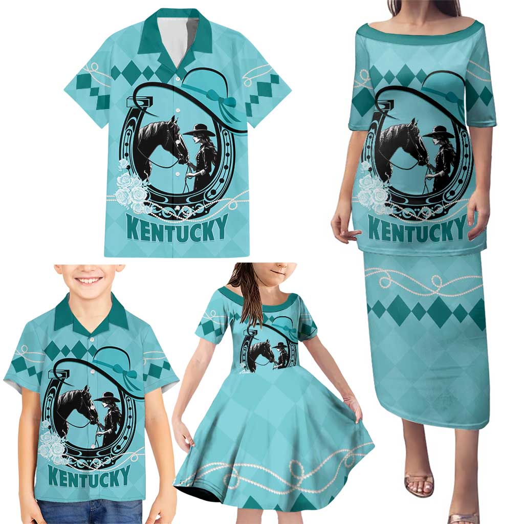 Personalized Kentucky Horse Racing Family Matching Puletasi and Hawaiian Shirt Beauty and The Horse Teal Version LT01