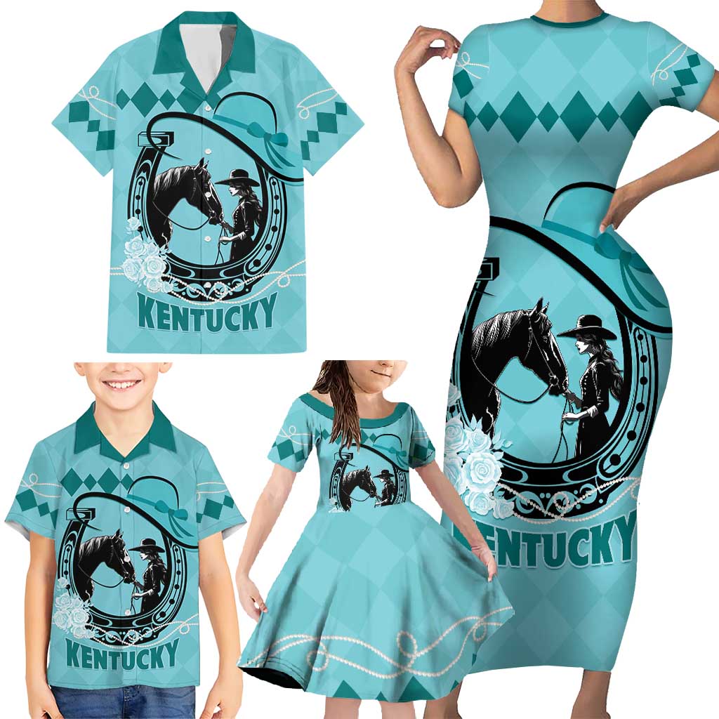 Personalized Kentucky Horse Racing Family Matching Short Sleeve Bodycon Dress and Hawaiian Shirt Beauty and The Horse Teal Version LT01