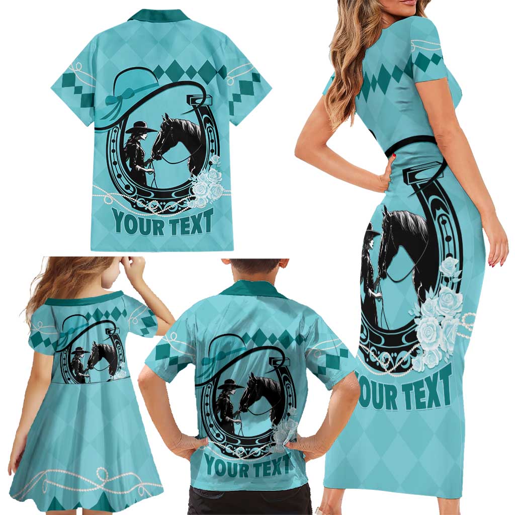 Personalized Kentucky Horse Racing Family Matching Short Sleeve Bodycon Dress and Hawaiian Shirt Beauty and The Horse Teal Version LT01