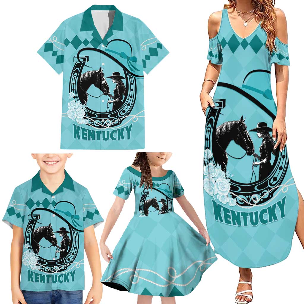Personalized Kentucky Horse Racing Family Matching Summer Maxi Dress and Hawaiian Shirt Beauty and The Horse Teal Version LT01