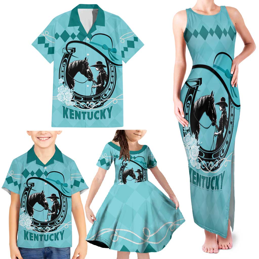 Personalized Kentucky Horse Racing Family Matching Tank Maxi Dress and Hawaiian Shirt Beauty and The Horse Teal Version LT01