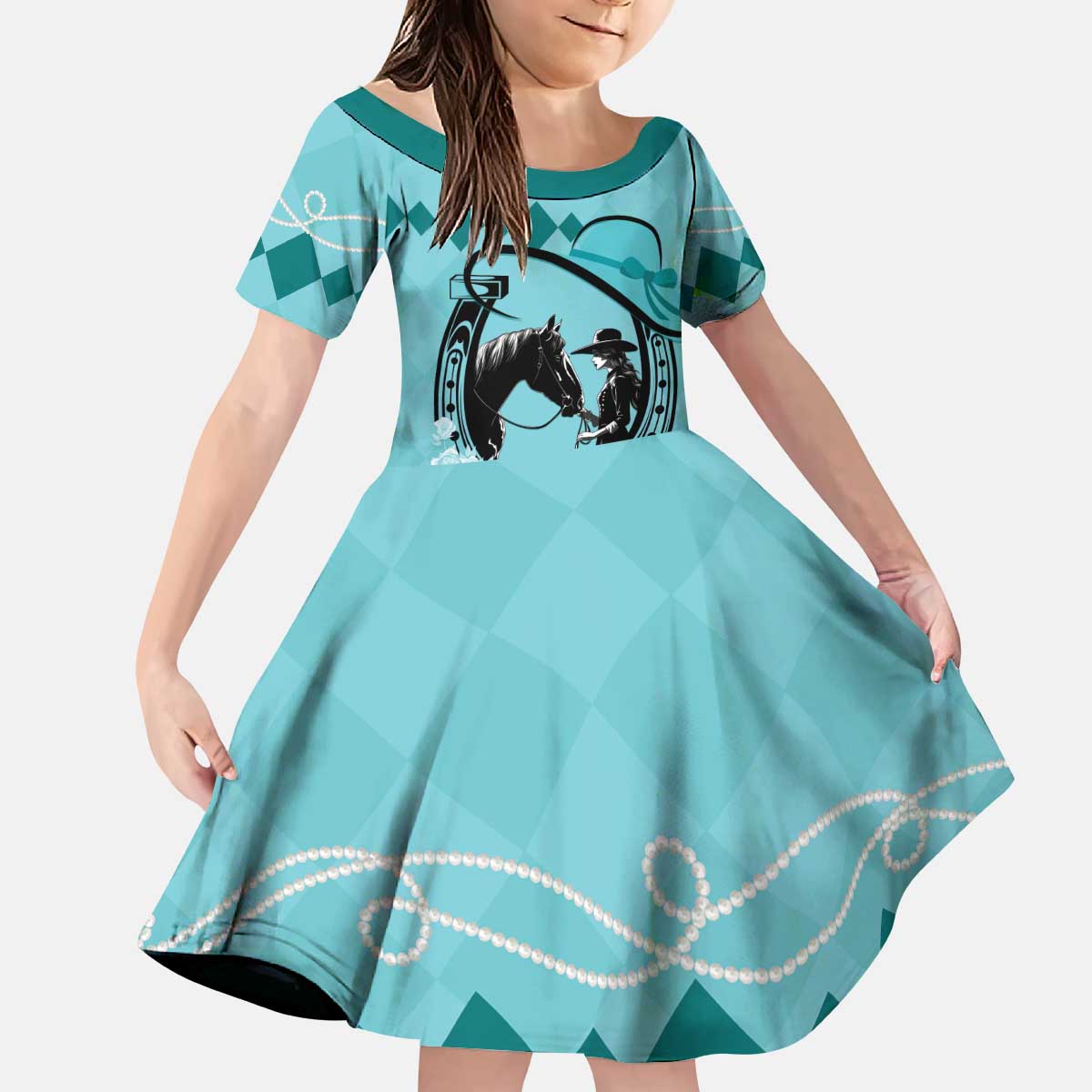 Personalized Kentucky Horse Racing Kid Short Sleeve Dress Beauty and The Horse Teal Version LT01