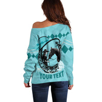 Personalized Kentucky Horse Racing Off Shoulder Sweater Beauty and The Horse Teal Version LT01