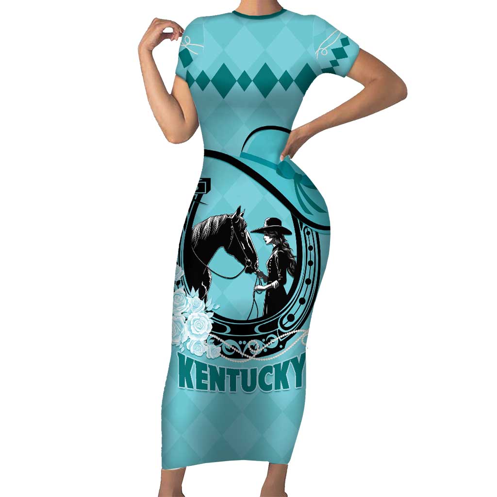 Personalized Kentucky Horse Racing Short Sleeve Bodycon Dress Beauty and The Horse Teal Version LT01