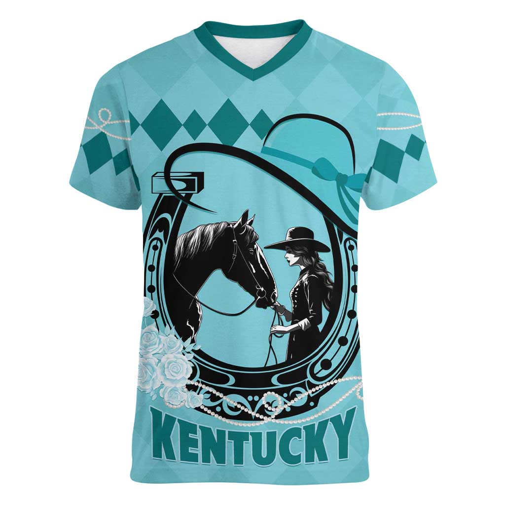 Personalized Kentucky Horse Racing Women V-Neck T-Shirt Beauty and The Horse Teal Version LT01