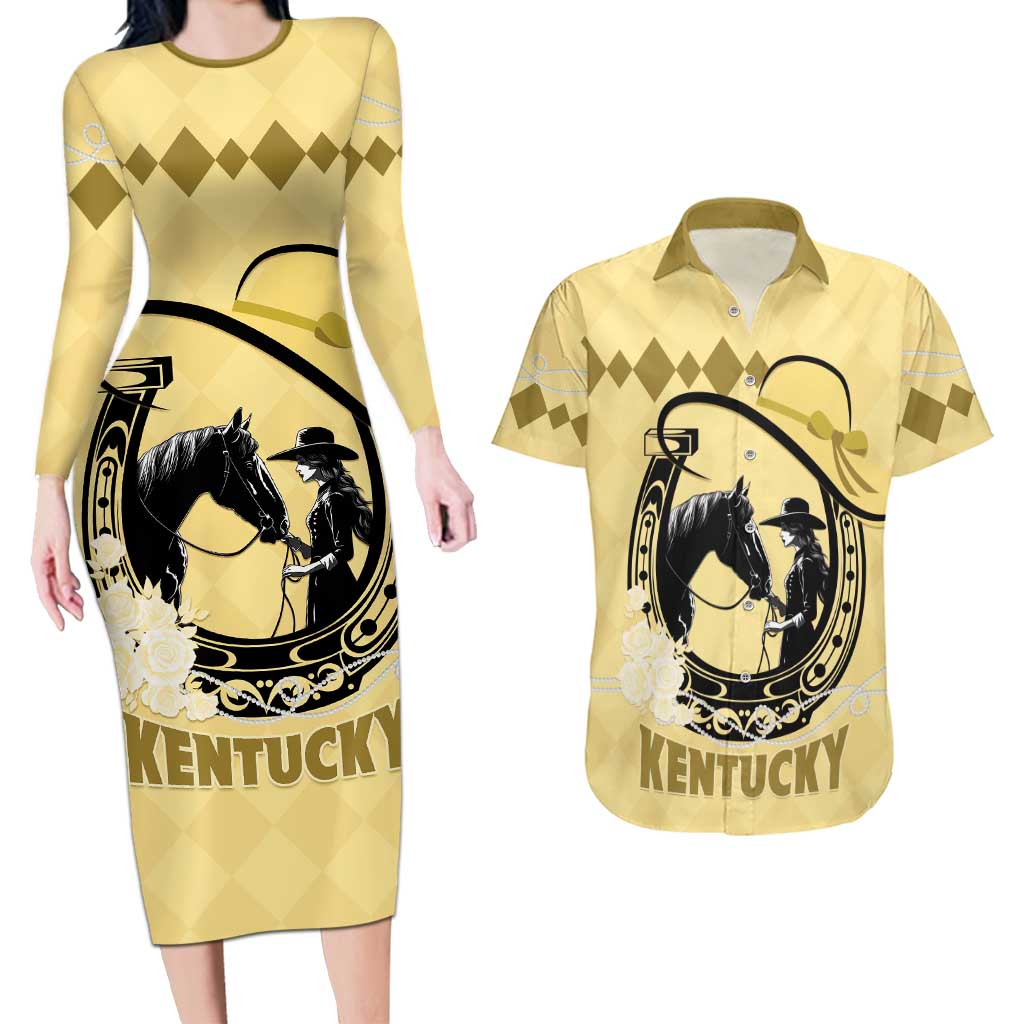 Personalized Kentucky Horse Racing Couples Matching Long Sleeve Bodycon Dress and Hawaiian Shirt Beauty and The Horse Yellow Version LT01