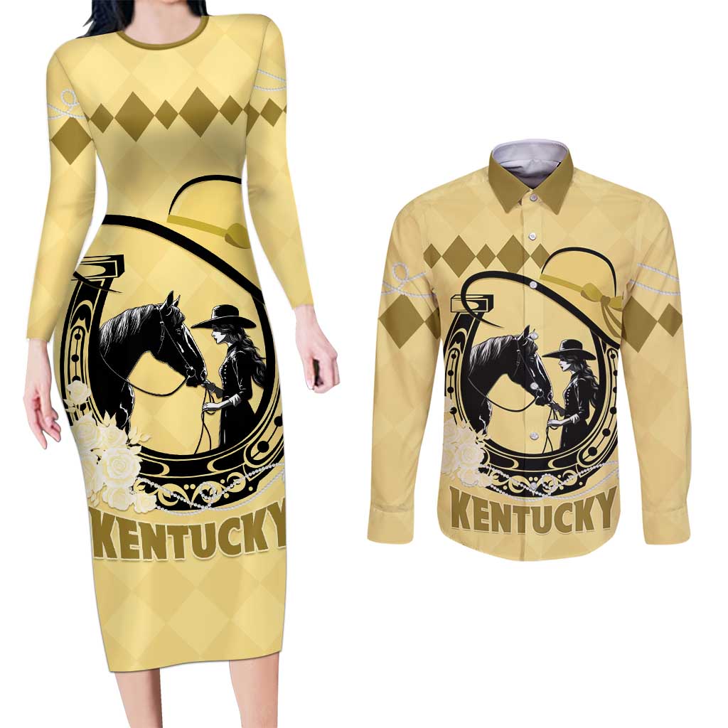Personalized Kentucky Horse Racing Couples Matching Long Sleeve Bodycon Dress and Long Sleeve Button Shirt Beauty and The Horse Yellow Version LT01