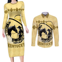Personalized Kentucky Horse Racing Couples Matching Long Sleeve Bodycon Dress and Long Sleeve Button Shirt Beauty and The Horse Yellow Version LT01