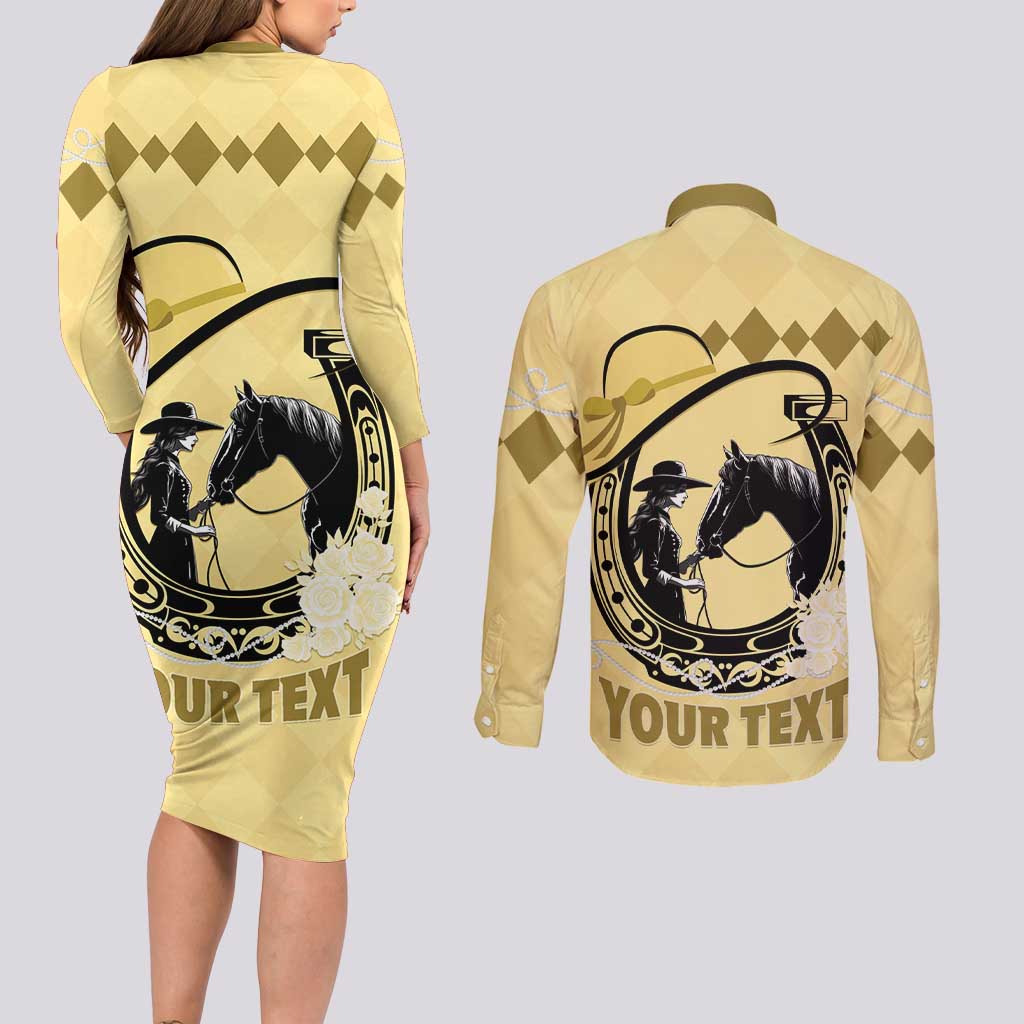 Personalized Kentucky Horse Racing Couples Matching Long Sleeve Bodycon Dress and Long Sleeve Button Shirt Beauty and The Horse Yellow Version LT01