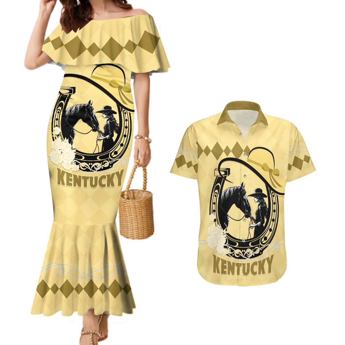 Personalized Kentucky Horse Racing Couples Matching Mermaid Dress and Hawaiian Shirt Beauty and The Horse Yellow Version LT01