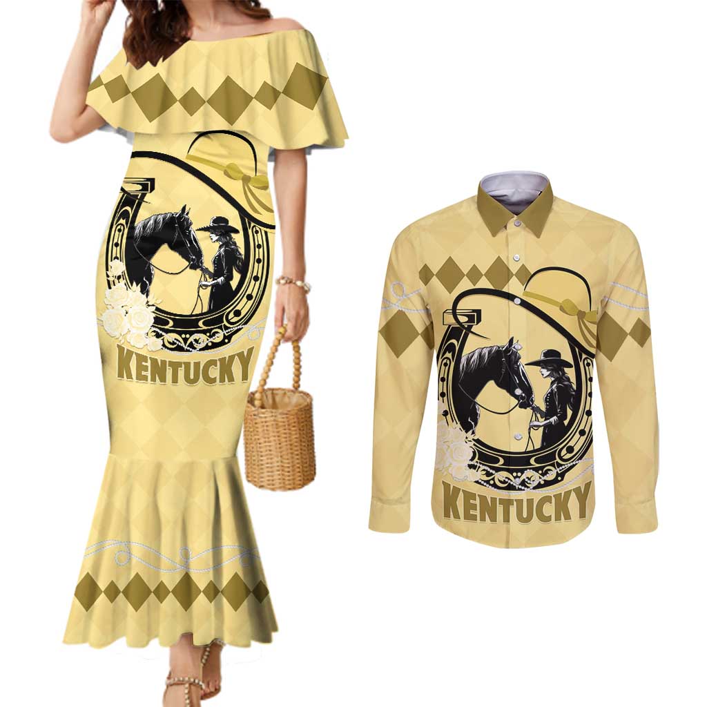 Personalized Kentucky Horse Racing Couples Matching Mermaid Dress and Long Sleeve Button Shirt Beauty and The Horse Yellow Version LT01