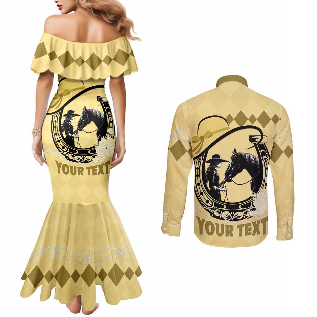 Personalized Kentucky Horse Racing Couples Matching Mermaid Dress and Long Sleeve Button Shirt Beauty and The Horse Yellow Version LT01