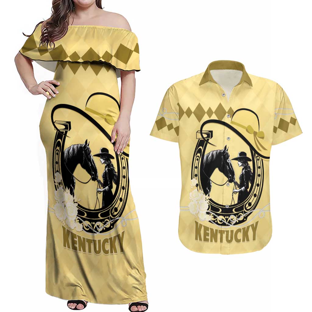 Personalized Kentucky Horse Racing Couples Matching Off Shoulder Maxi Dress and Hawaiian Shirt Beauty and The Horse Yellow Version LT01