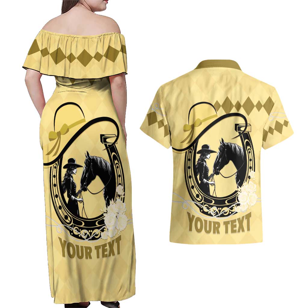 Personalized Kentucky Horse Racing Couples Matching Off Shoulder Maxi Dress and Hawaiian Shirt Beauty and The Horse Yellow Version LT01