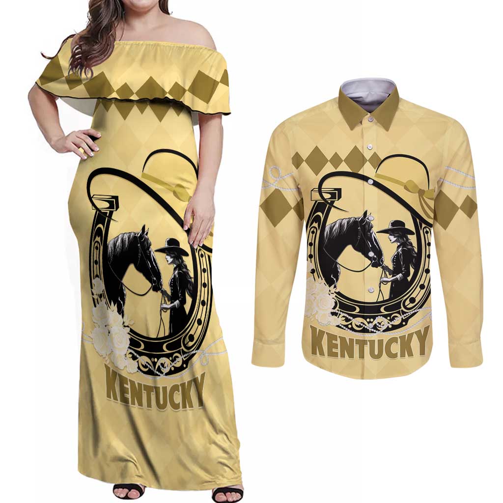 Personalized Kentucky Horse Racing Couples Matching Off Shoulder Maxi Dress and Long Sleeve Button Shirt Beauty and The Horse Yellow Version LT01