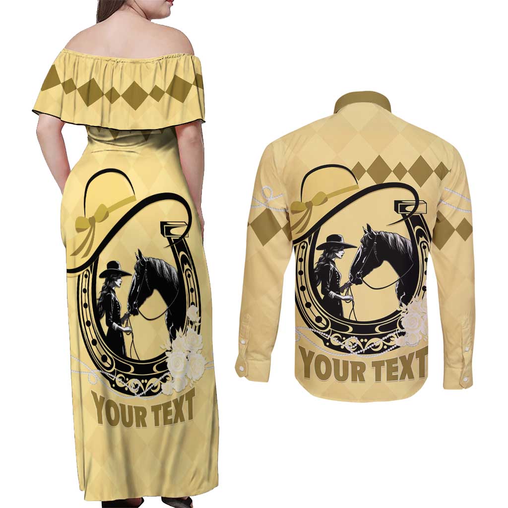 Personalized Kentucky Horse Racing Couples Matching Off Shoulder Maxi Dress and Long Sleeve Button Shirt Beauty and The Horse Yellow Version LT01