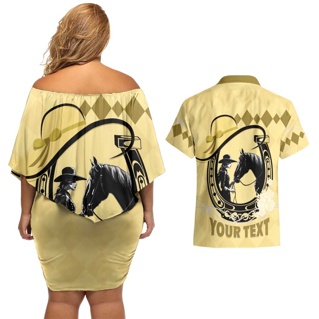 Personalized Kentucky Horse Racing Couples Matching Off Shoulder Short Dress and Hawaiian Shirt Beauty and The Horse Yellow Version LT01