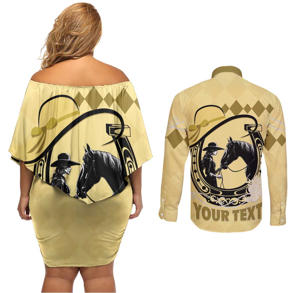 Personalized Kentucky Horse Racing Couples Matching Off Shoulder Short Dress and Long Sleeve Button Shirt Beauty and The Horse Yellow Version LT01