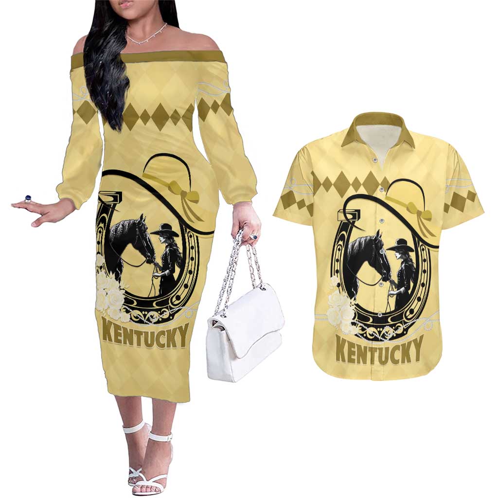 Personalized Kentucky Horse Racing Couples Matching Off The Shoulder Long Sleeve Dress and Hawaiian Shirt Beauty and The Horse Yellow Version LT01