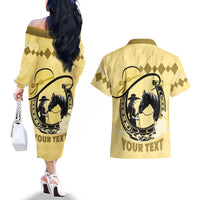 Personalized Kentucky Horse Racing Couples Matching Off The Shoulder Long Sleeve Dress and Hawaiian Shirt Beauty and The Horse Yellow Version LT01