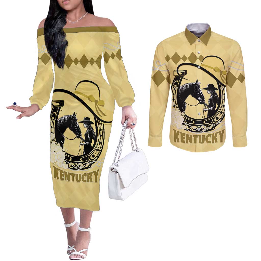 Personalized Kentucky Horse Racing Couples Matching Off The Shoulder Long Sleeve Dress and Long Sleeve Button Shirt Beauty and The Horse Yellow Version LT01