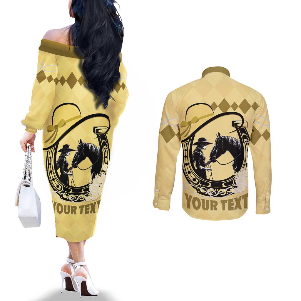 Personalized Kentucky Horse Racing Couples Matching Off The Shoulder Long Sleeve Dress and Long Sleeve Button Shirt Beauty and The Horse Yellow Version LT01