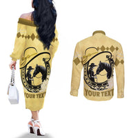 Personalized Kentucky Horse Racing Couples Matching Off The Shoulder Long Sleeve Dress and Long Sleeve Button Shirt Beauty and The Horse Yellow Version LT01
