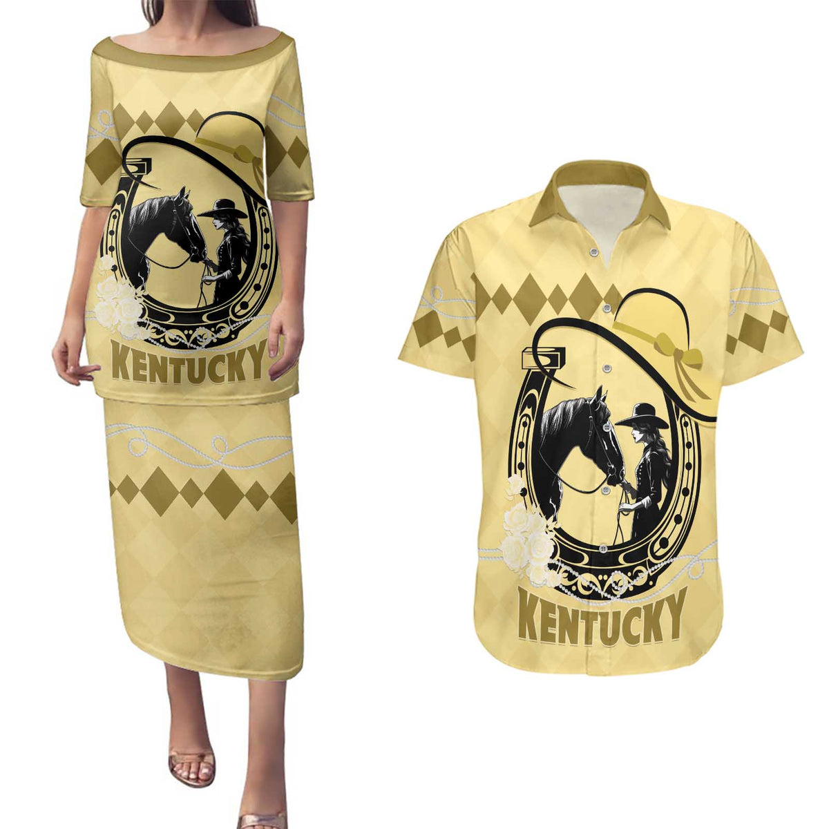 Personalized Kentucky Horse Racing Couples Matching Puletasi and Hawaiian Shirt Beauty and The Horse Yellow Version LT01